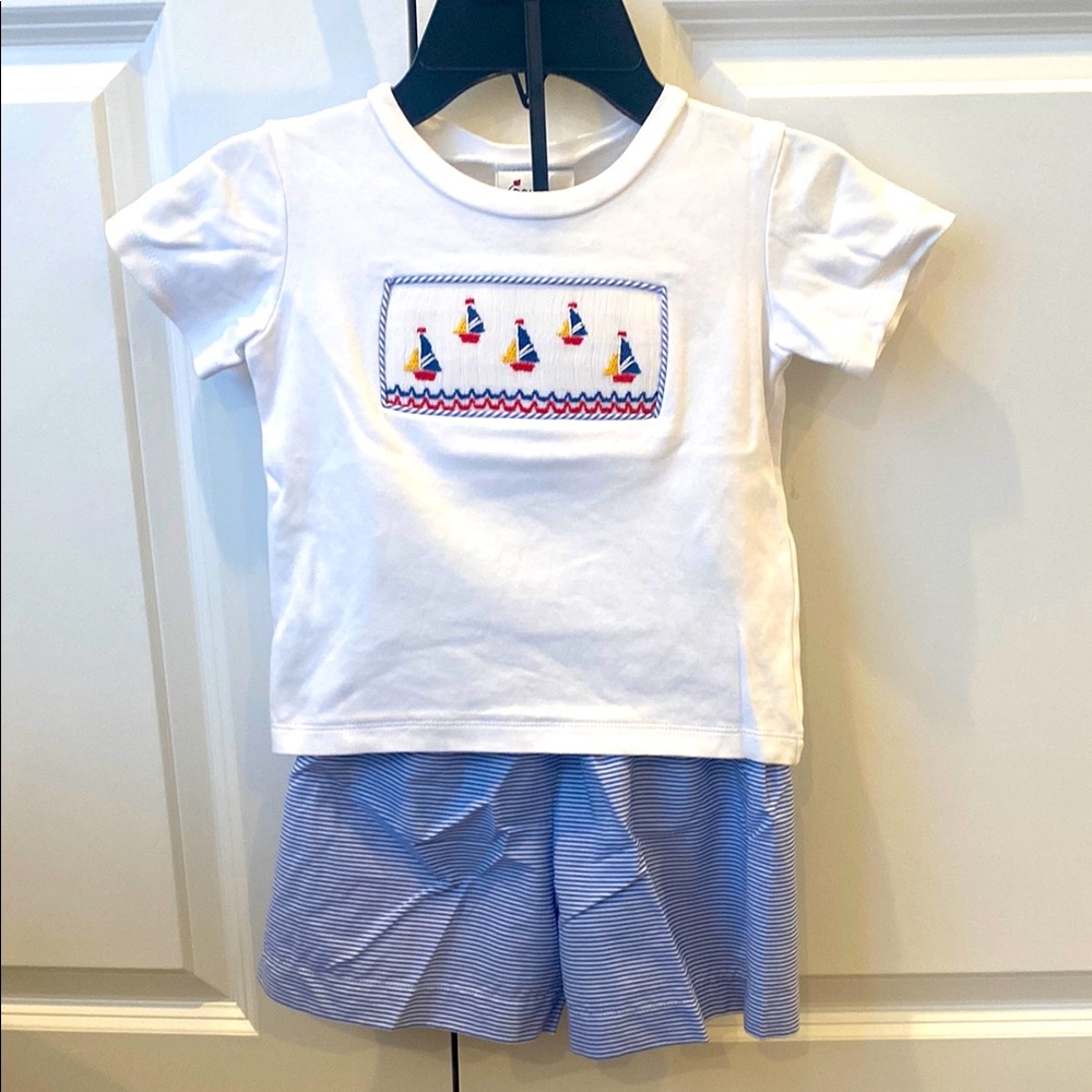 Spring Summer Embroidered Sailboat Shirt/Short Set